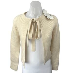 NEW Zara Cream Wool Rib Long Sleeve Bow Front Tie Crop Cardigan Sweater Top M
